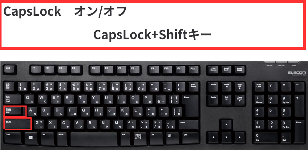 CapsLockキー（キャプスロックキー）のオンやオフの仕方について解説していて、キーボードの写真も載せて、どのキーがCapsLockキー（キャプスロックキー）か分かるように枠組みをしています。