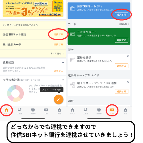 マネーフォワードMEの住信SBIネット銀行と連携させるための場所を赤丸で強調しているスマホ画像