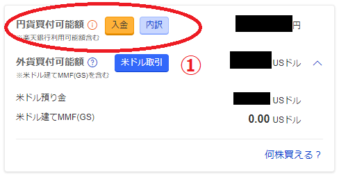楽天証券の買い付けれるか確認できる画面。資産は黒塗り