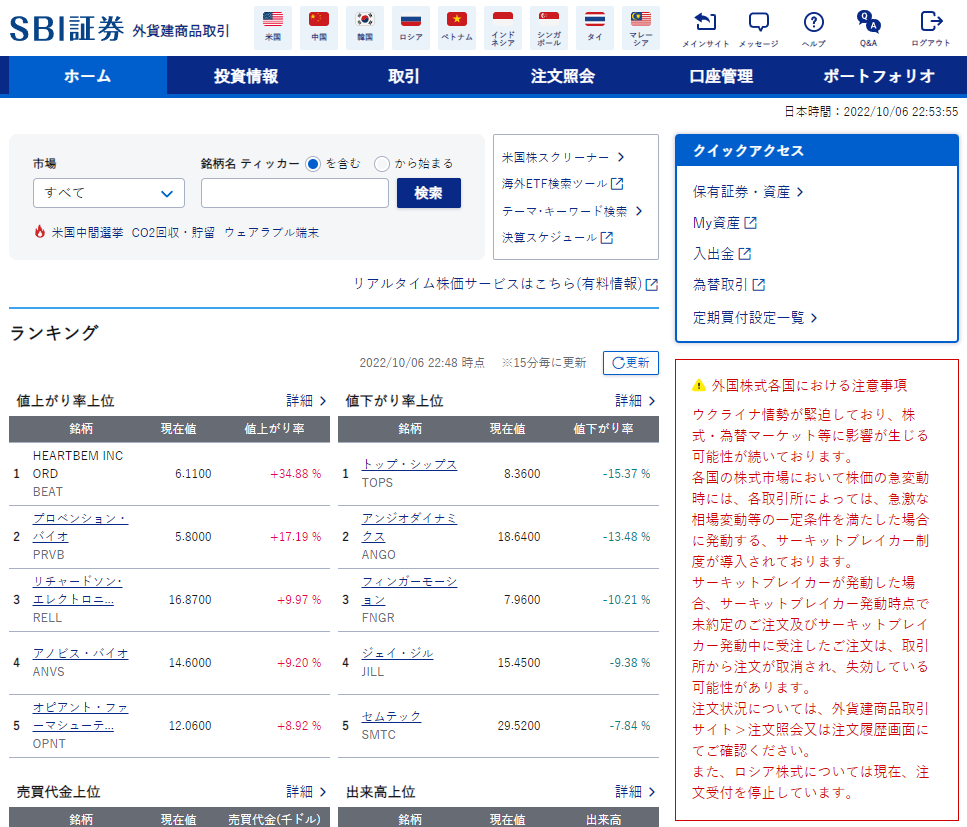 SBI証券の外国株式のホーム画面の図