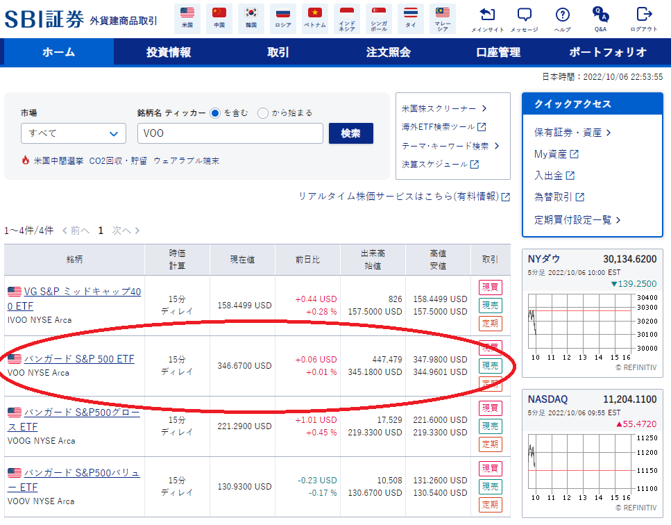 SBI証券で、VOOと検索して、検索結果が表示されている図