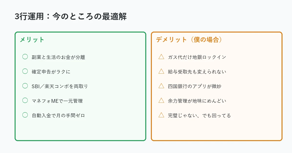 締めのイメージ／3行構成のメリットとデメリットを並べた一枚絵