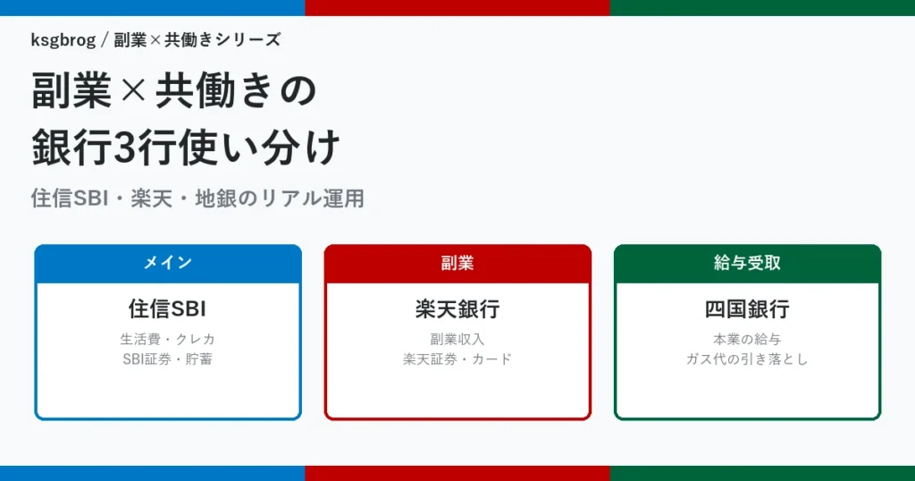 副業×共働きの銀行3行使い分けアイキャッチ｜住信SBI・楽天銀行・四国銀行の役割分担マップ