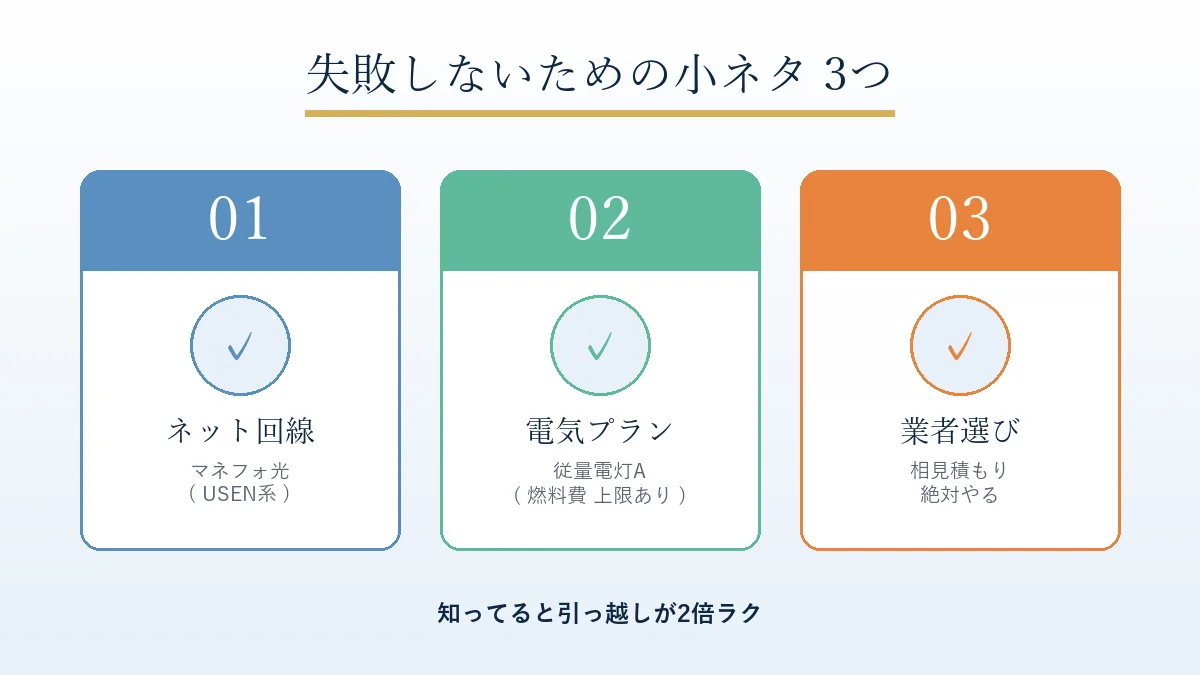 引っ越しで失敗しないための小ネタ3つ、ネット回線・電気プラン・業者選びのポイント