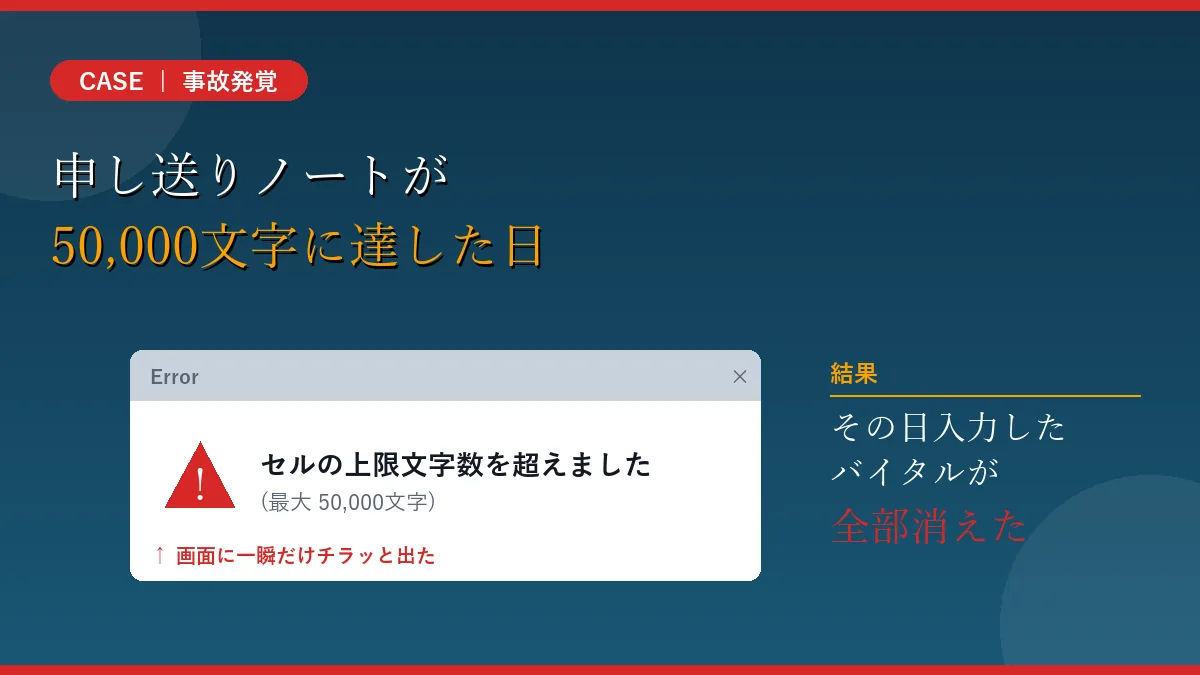 自作アプリで申し送りノートが50,000文字に達しエラーで当日のバイタルが消失した事故発覚画面