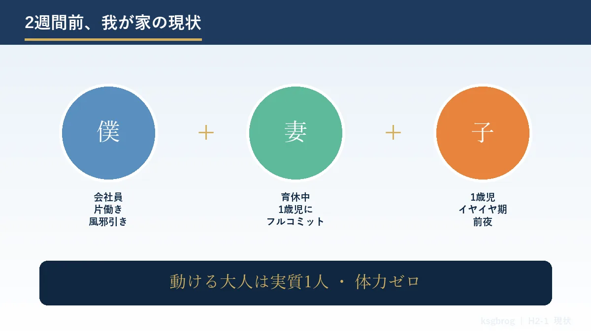 片働き×育休中×1歳児の家族構成と動ける大人は実質1人という現状を表すグラフィック