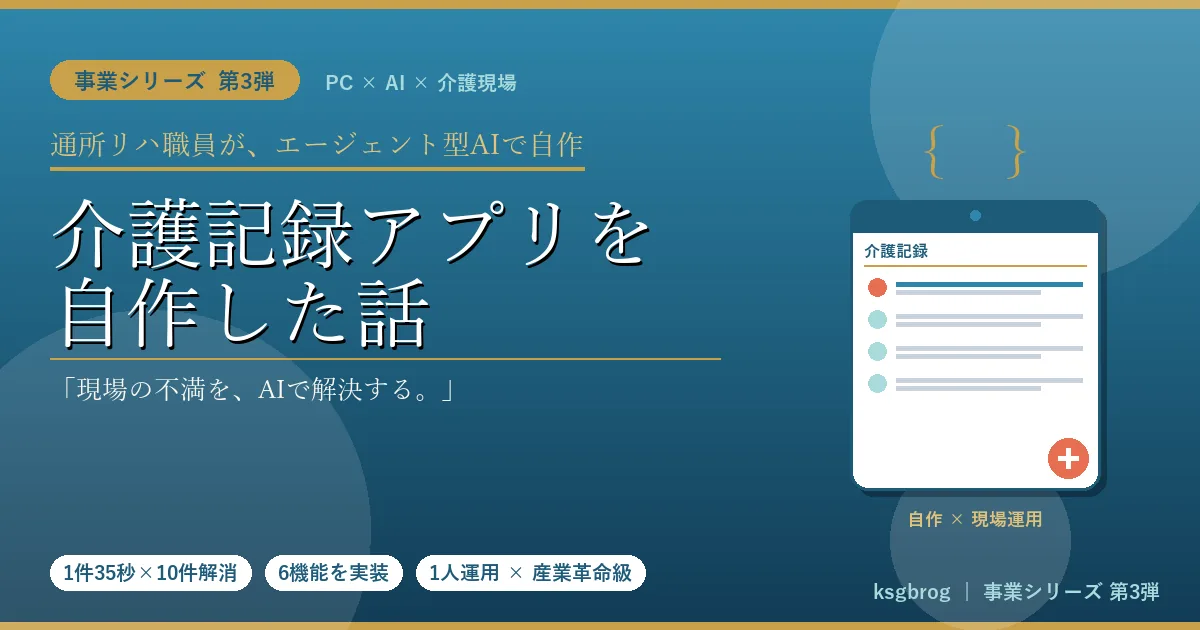 介護記録アプリを自作した話のアイキャッチ画像。通所リハ職員がエージェント型AIで介護記録アプリを自作し、1件35秒×10件の待ち時間を解消した事業シリーズ第3弾のタイトルバナー（PC×AI×介護現場）
