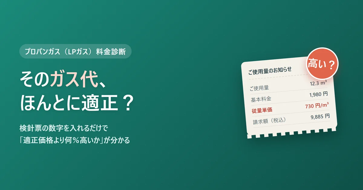 プロパンガス(LPガス)が高いか検針票の数字で適正価格を診断する記事のアイキャッチ、その従量単価ほんとに適正かをモヤッと問いかけるビジュアル