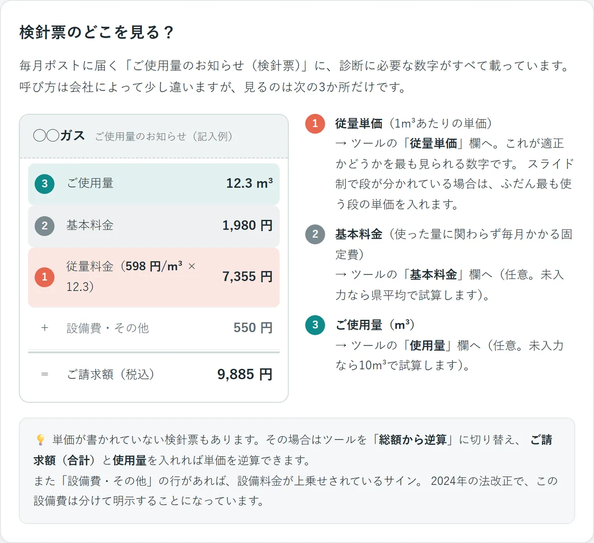 プロパンガスの検針票の見方ガイド、従量単価・基本料金・使用量の3つの数字をどこで見るか記入例つきで図解した診断ツール画面