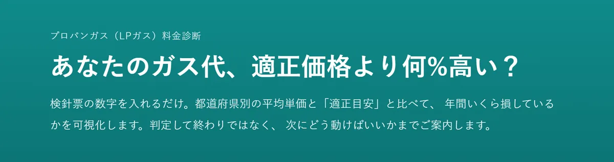 プロパンガス料金診断ツールのトップ画面、あなたのガス代は適正価格より何パーセント高いかを検針票の数字で診断する見出し